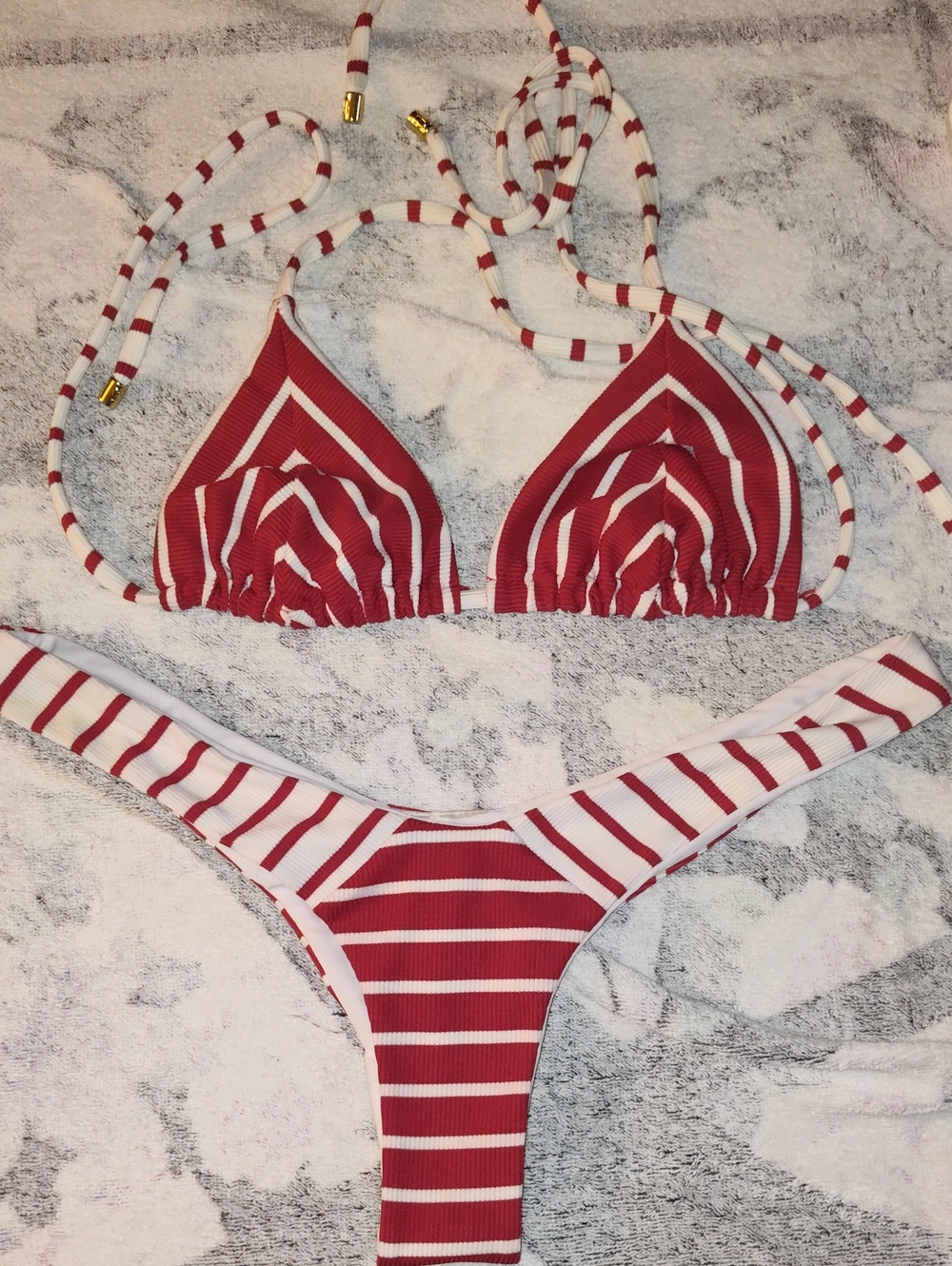 Beach Bunny Red and White Striped Ribbed Triangle Bikini Set